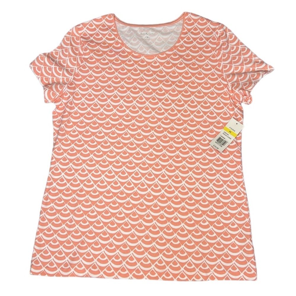 Kim Rogers Womens Peach Comb Print Fitted Crew Neck Short Sleeve Tee Shirt Sz M